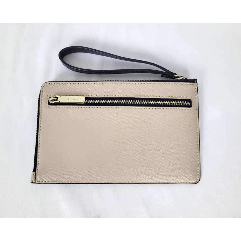 Kate Spade Staci Leather Wristlet Wallet Warm Beige Colorblock L Zip